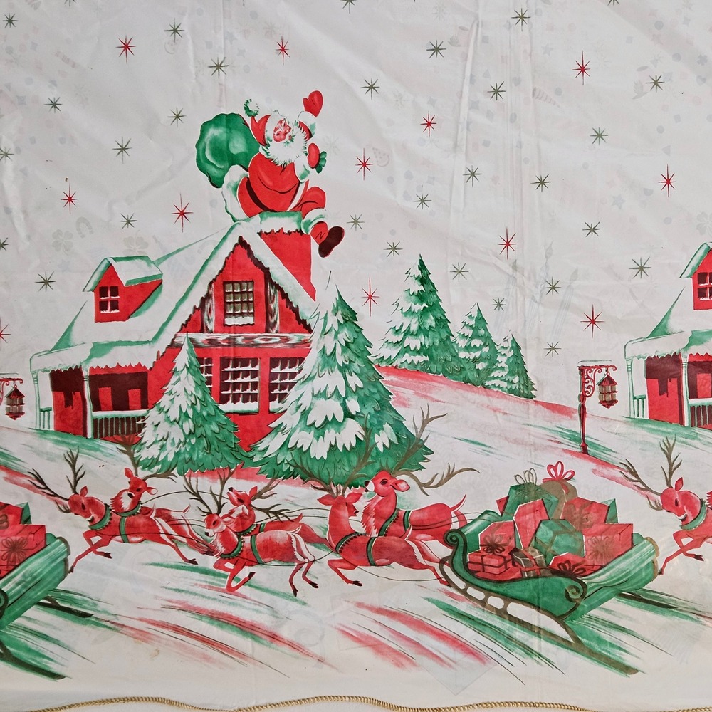 Vintage c1950s Reversible Holiday Party Tablecloth 52x65 Christmas Birthday